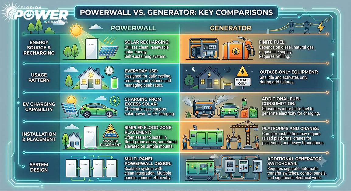 Tesla Powerwall versus whole-house generator comparison for Florida homes, including cost, fuel, EV charging, flood zones and 400-amp electrical service.